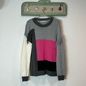 One grey day color blocked fringe knit pullover sweater women’s small pink